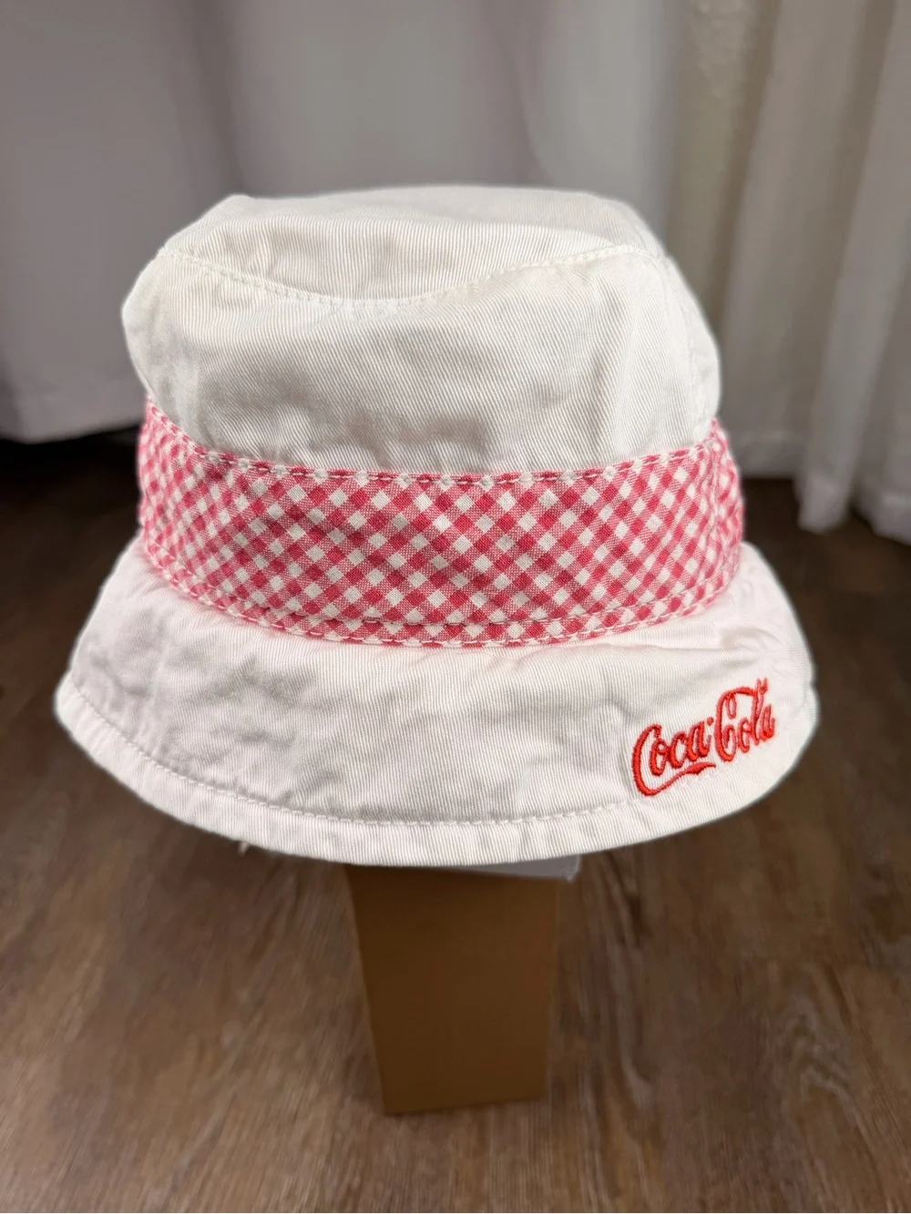 Vintage Coca-Cola Bucket Hat White Red Gingham Embroidered Logo Y2K